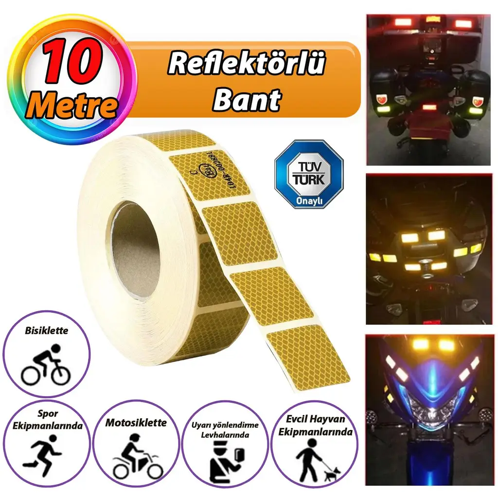 10 MT Reflektörlü Reflektif Fosforlu Araç Oto Kamyon Şerit Bant Tüvtürk Onaylı Kesikli Sarı İkaz Bandı 