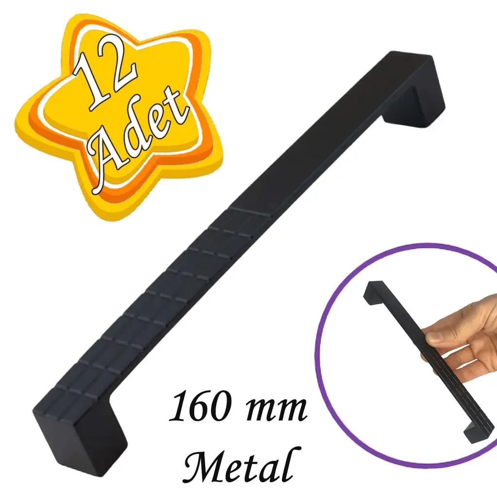 12 Adet Bihter Desenli Kulp 160 mm Siyah Mutfak Kulpu Çekmece Dolap Kapak Kulbu Metal Mobilya Dolabı