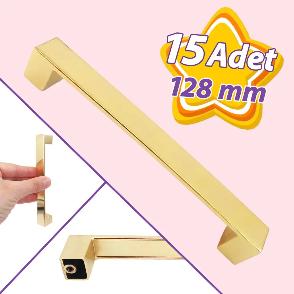 15 Adet Bihter Düz Kulp 128 mm Altın Mutfak Kulpu Çekmece Dolap Kapak Kulbu Metal Mobilya Dolabı Kulpları 