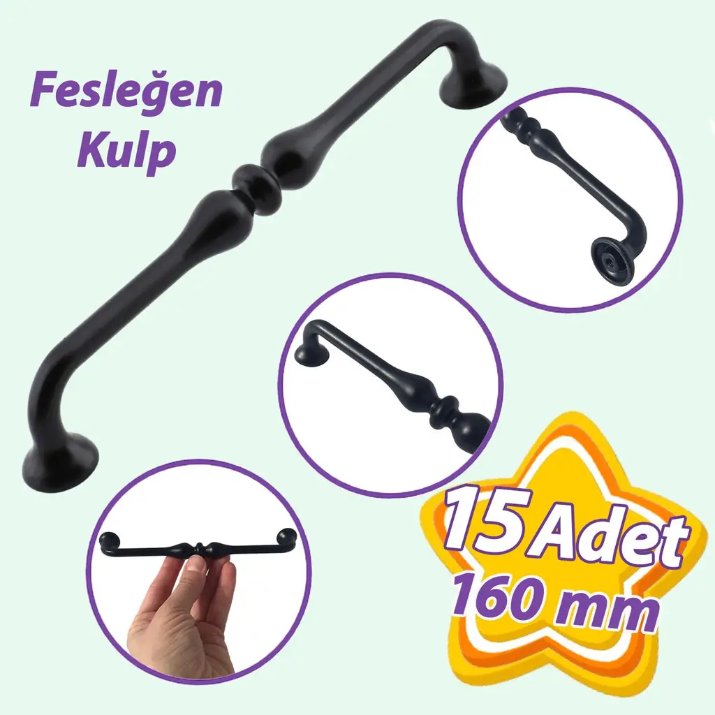 15 Adet Fesleğen Kulp 160 mm Siyah Mutfak Kulpu Çekmece Dolap Kapak Kulbu Metal Mobilya Dolabı Kulpları 