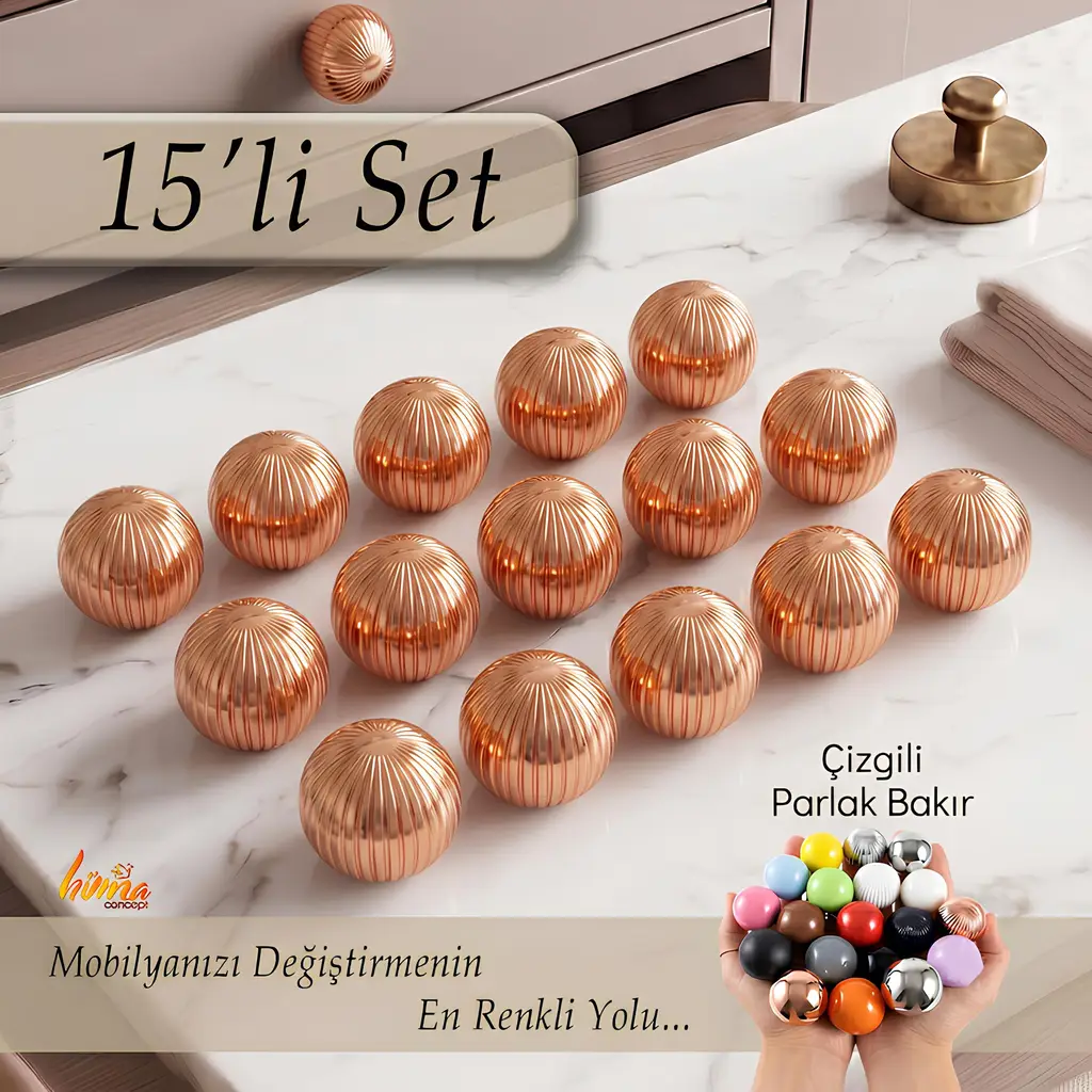 15 Adet Sert Plastik Düğme Yuvarlak Top Çizgili Parlak Bakır Dolap Mobilya Mutfak Dolabı Çekmece Kulbu Kulpu Kulplar