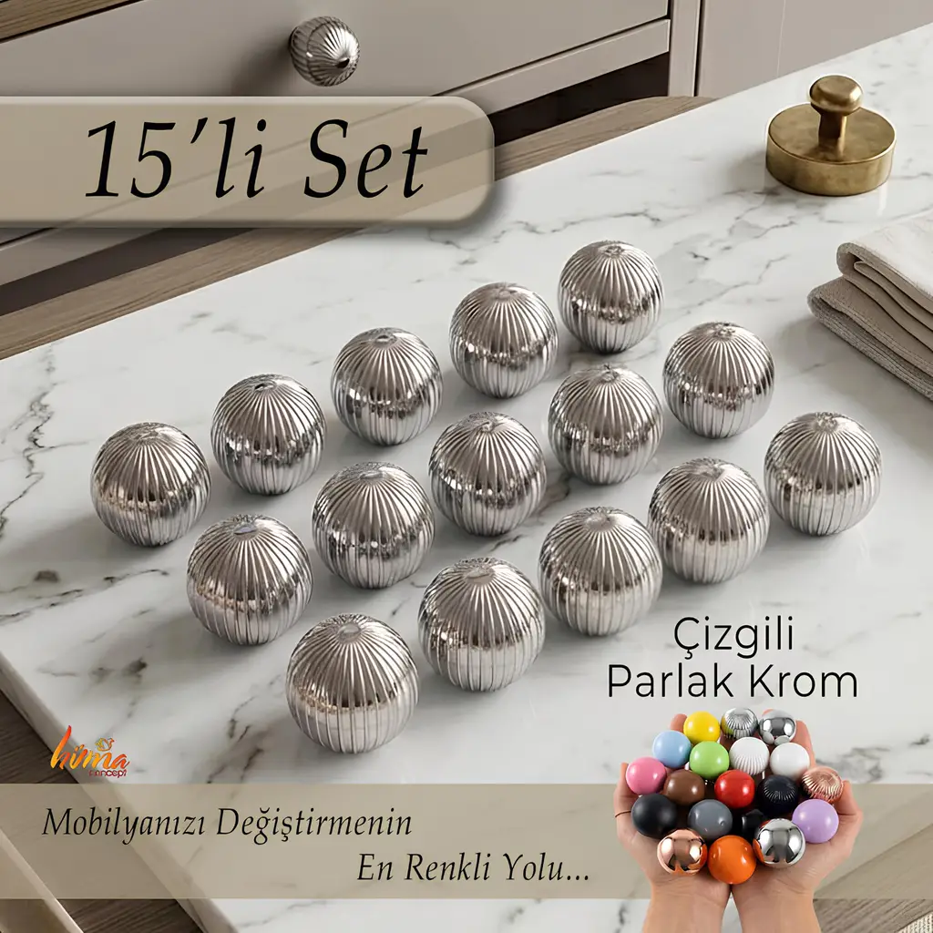 15 Adet Sert Plastik Düğme Yuvarlak Top Çizgili Parlak Krom Dolap Mobilya Mutfak Dolabı Çekmece Kulbu Kulpu Kulplar