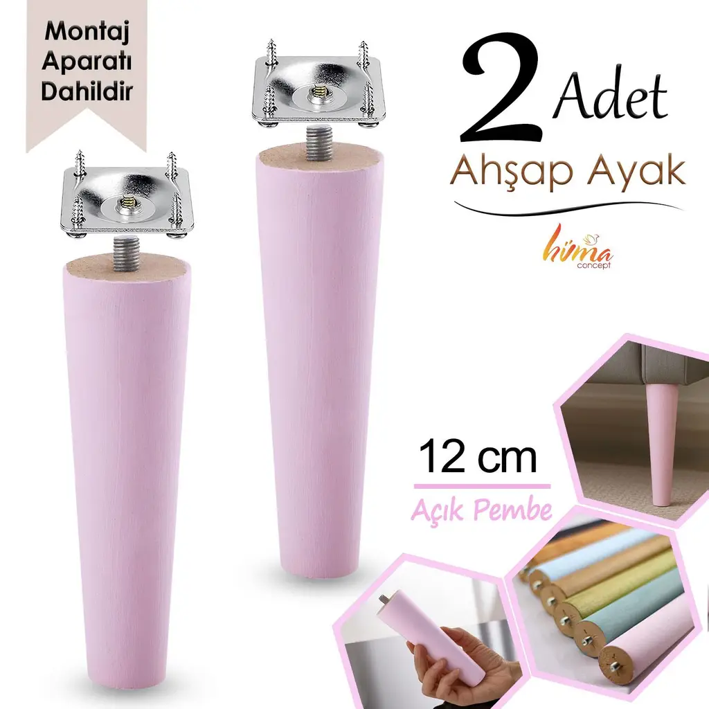 2 Adet Ahşap Ayak 12 Cm Açık Pembe M8 Civatalı Bağlantı Aparatlı Dolap Mobilya Koltuk Kanepe Destek Ayağı Ayakları