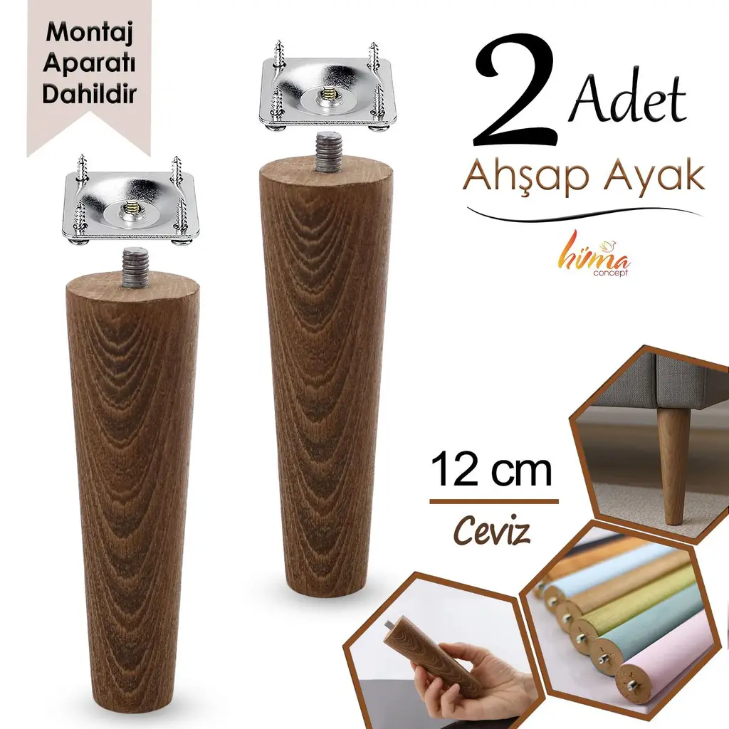 2 Adet Ahşap Ayak 12 Cm Ceviz M8 Civatalı Bağlantı Aparatlı Dolap Mobilya Koltuk Kanepe Destek Ayağı Ayakları