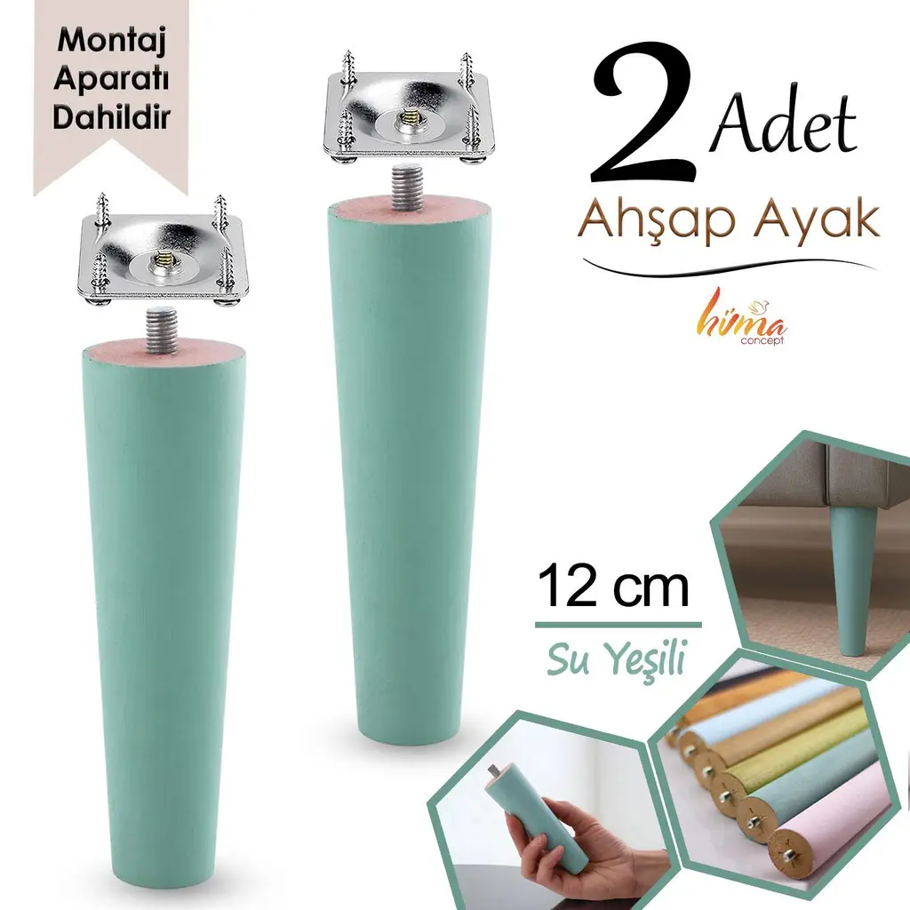 2 Adet Ahşap Ayak 12 Cm Su Yeşili M8 Civatalı Bağlantı Aparatlı Dolap Mobilya Koltuk Kanepe Destek Ayağı Ayakları