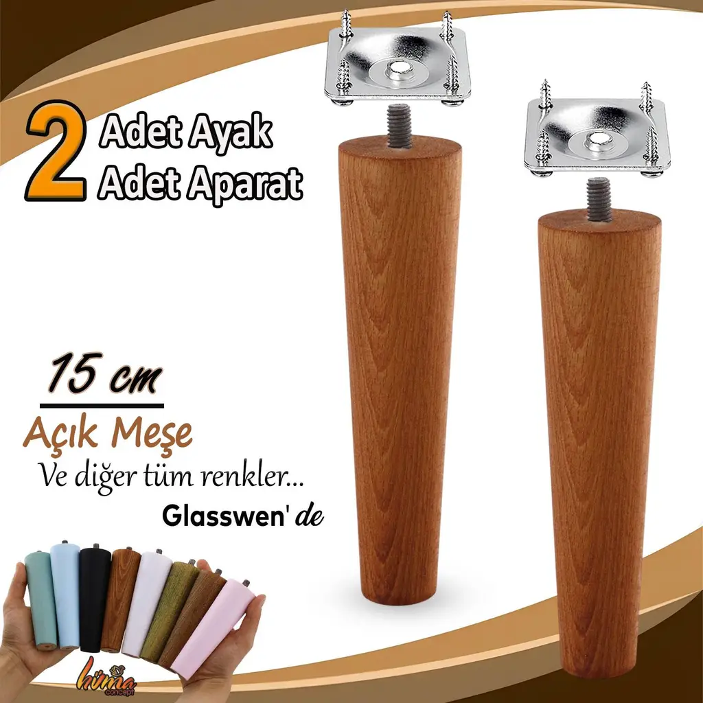 2 Adet Ahşap Ayak 15 Cm Açık Meşe M8 Civatalı Bağlantı Aparatlı Dolap Mobilya Koltuk Kanepe Destek Ayağı Ayakları