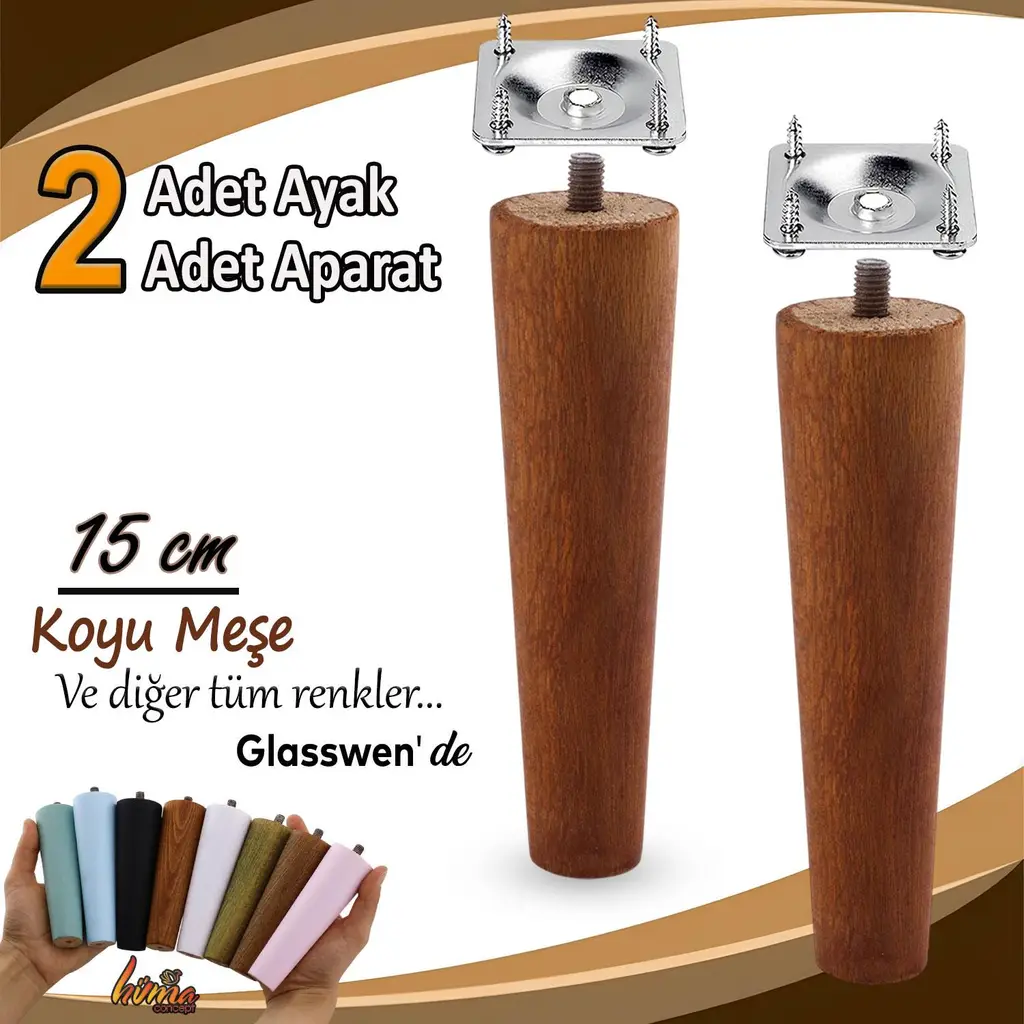 2 Adet Ahşap Ayak 15 Cm Koyu Meşe M8 Civatalı Bağlantı Aparatlı Dolap Mobilya Koltuk Kanepe Destek Ayağı Ayakları