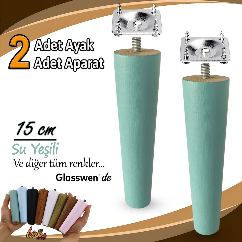 2 Adet Ahşap Ayak 15 Cm Su Yeşili M8 Civatalı Bağlantı Aparatlı Dolap Mobilya Koltuk Kanepe Destek Ayağı Ayakları