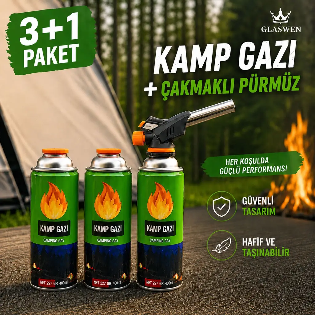 3+1 Çakmaklı Pürmüz Yedek Kartuşu Kamp Gazı 400 ML Piknik Kamp Mangal Mutfak Ateş Tutuşturucu