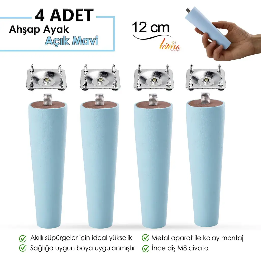 4 Adet Ahşap Ayak 12 Cm Açık Mavi M8 Civatalı Bağlantı Aparatlı Dolap Mobilya Koltuk Kanepe Destek Ayağı Ayakları
