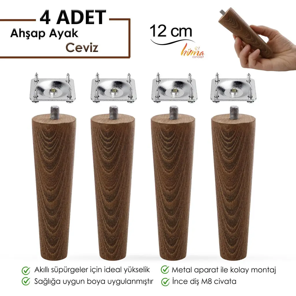 4 Adet Ahşap Ayak 12 Cm Ceviz M8 Civatalı Bağlantı Aparatlı Dolap Mobilya Koltuk Kanepe Destek Ayağı Ayakları