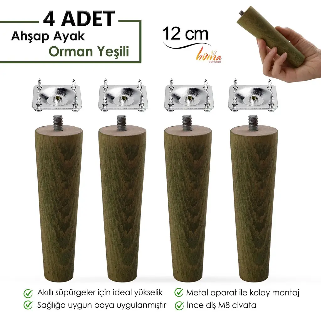 4 Adet Ahşap Ayak 12 Cm Orman Yeşili M8 Civatalı Bağlantı Aparatlı Dolap Mobilya Koltuk Kanepe Destek Ayağı Ayakları