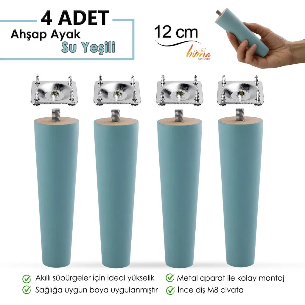 4 Adet Ahşap Ayak 12 Cm Su Yeşili M8 Civatalı Bağlantı Aparatlı Dolap Mobilya Koltuk Kanepe Destek Ayağı Ayakları