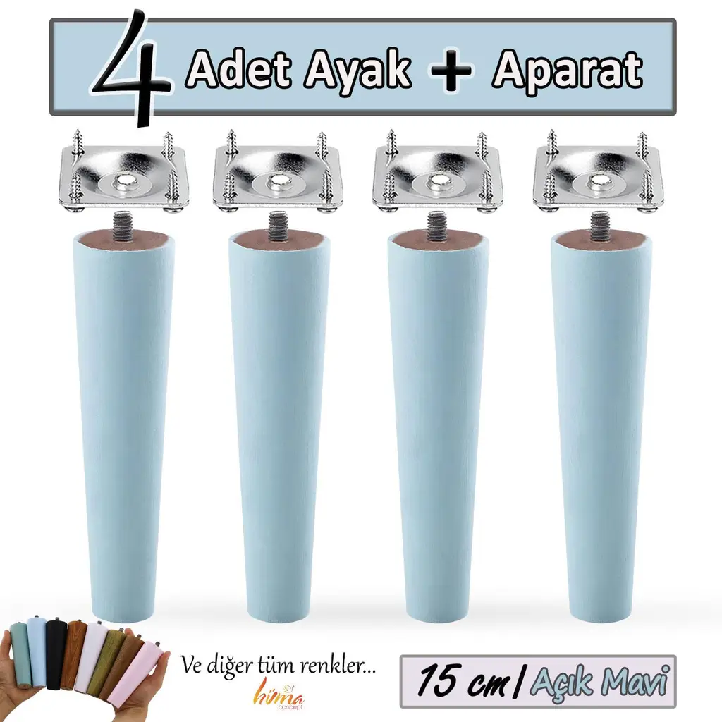 4 Adet Ahşap Ayak 15 Cm Açık Mavi M8 Civatalı Bağlantı Aparatlı Dolap Mobilya Koltuk Kanepe Destek Ayağı Ayakları