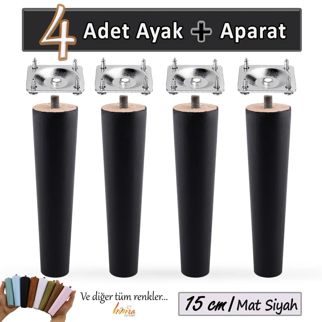 4 Adet Ahşap Ayak 15 Cm Siyah M8 Civatalı Bağlantı Aparatlı Dolap Mobilya Koltuk Kanepe Destek Ayağı Ayakları