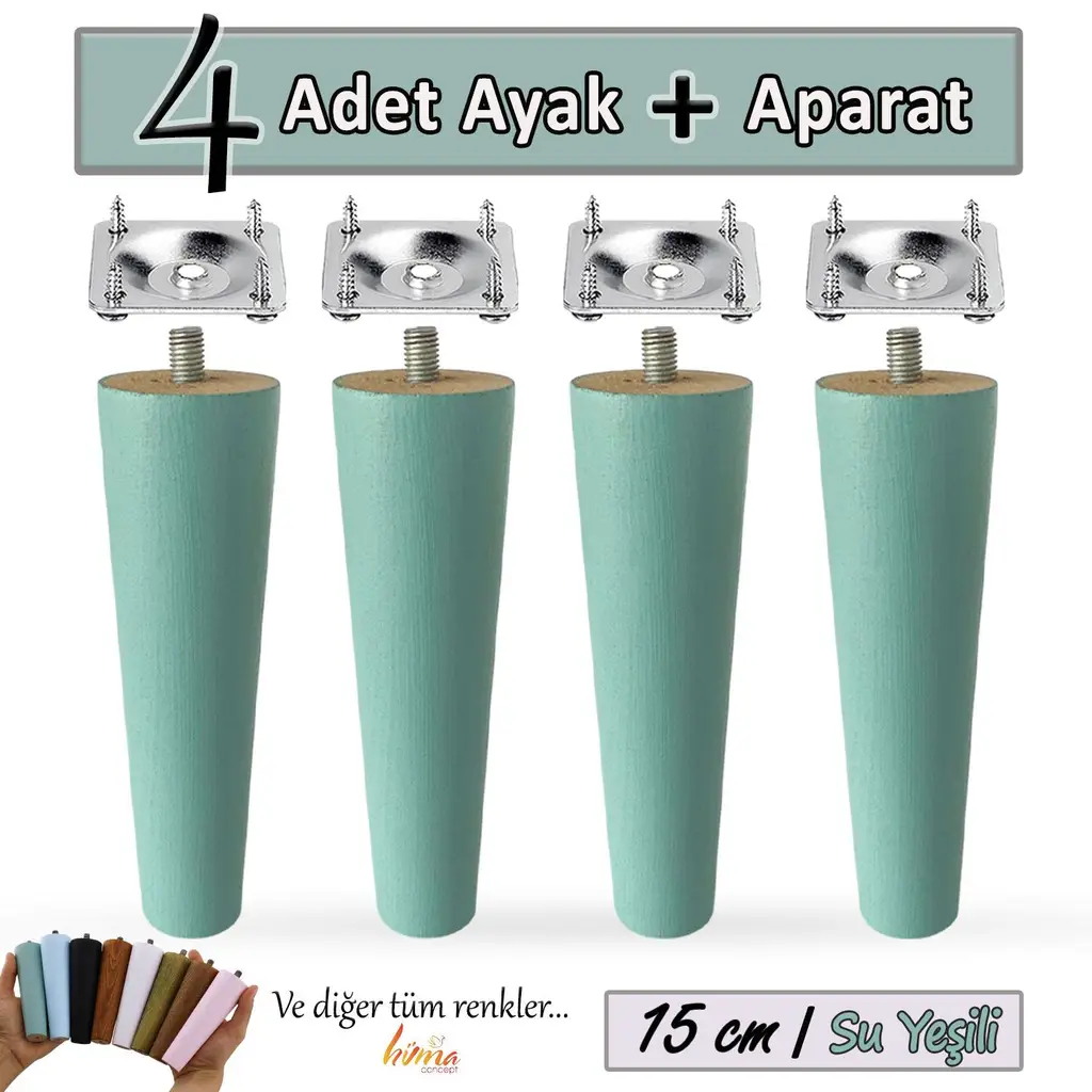 4 Adet Ahşap Ayak 15 Cm Su Yeşili M8 Civatalı Bağlantı Aparatlı Dolap Mobilya Koltuk Kanepe Destek Ayağı Ayakları