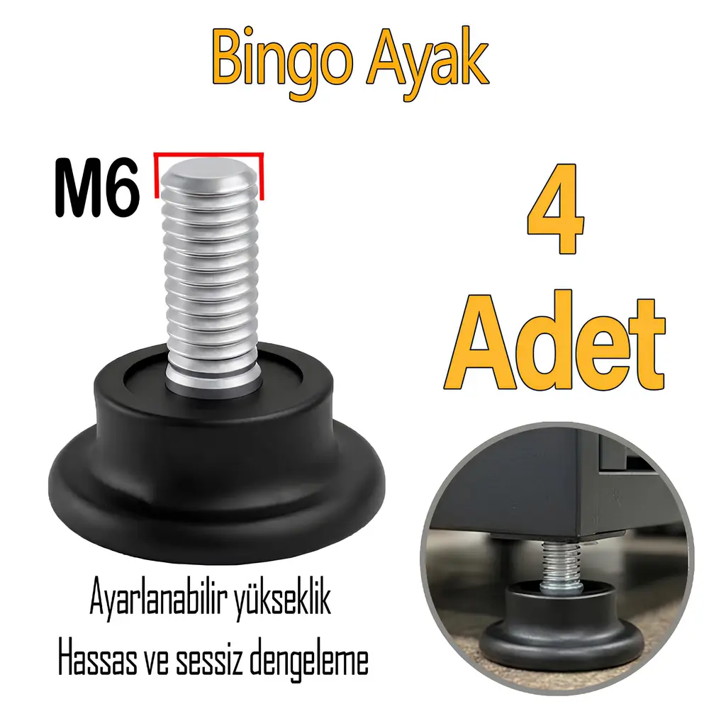 4 Adet Bingo Rotil Ayak Ayakları M6 Civatalı 6 Mm Siyah Profil Ayağı 2.5 Cm