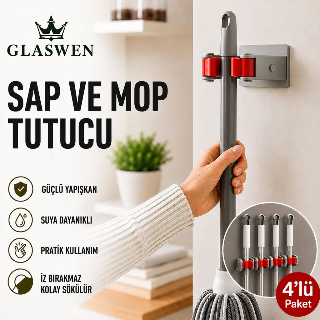 4 Adet Paspas Süpürge Fırça Ve Mop Askısı Sap Tutucu Mutfak Banyo Askı Yapışkanlı Düzenleyici Askılık