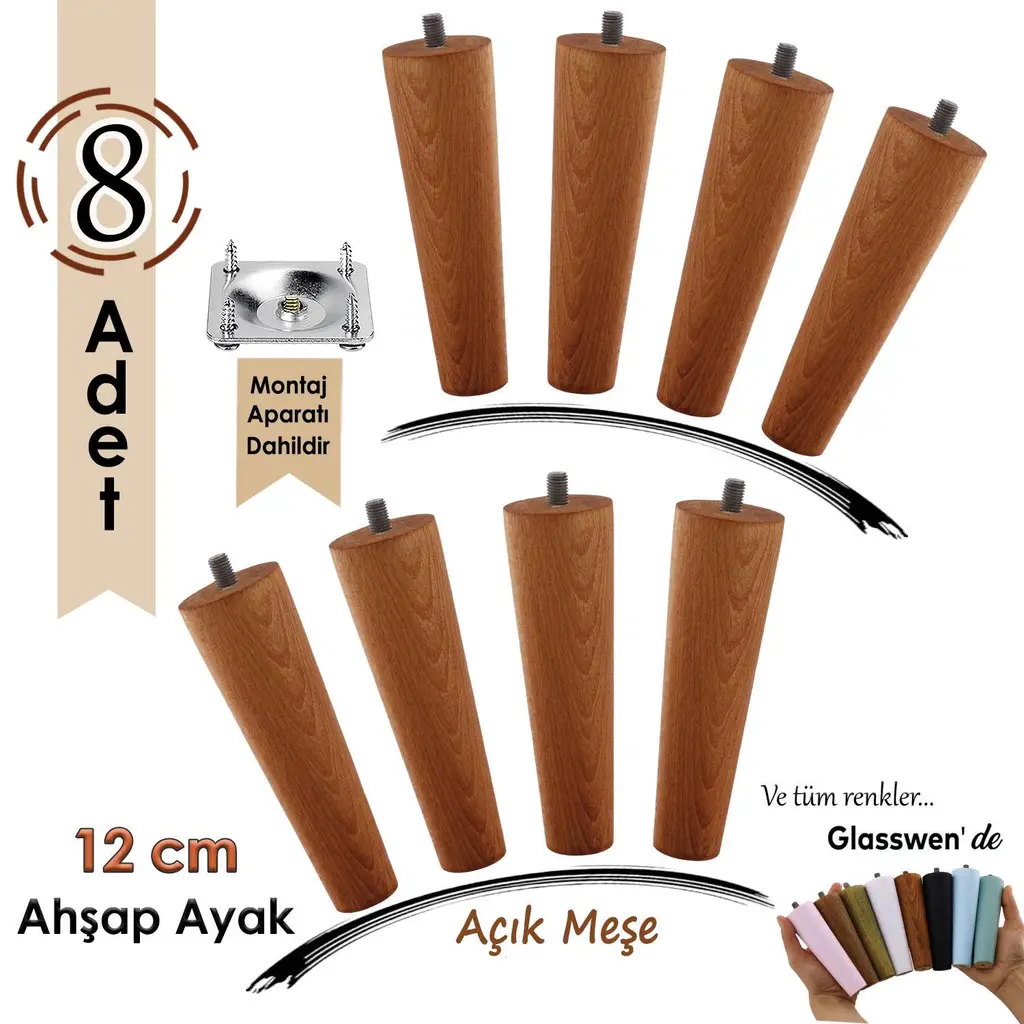8 Adet Ahşap Ayak 12 Cm Açık Meşe M8 Civatalı Bağlantı Aparatlı Dolap Mobilya Koltuk Kanepe Destek Ayağı Ayakları