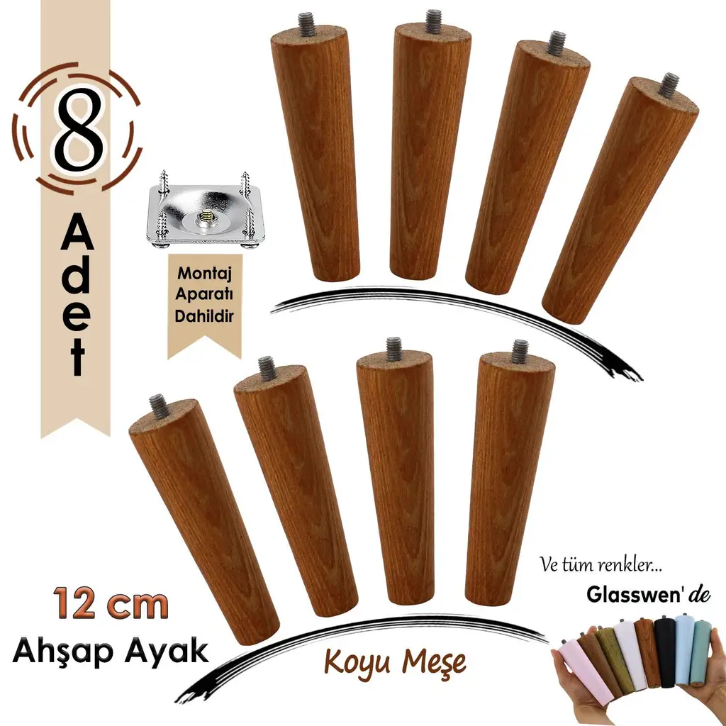 8 Adet Ahşap Ayak 12 Cm Koyu Meşe M8 Civatalı Bağlantı Aparatlı Dolap Mobilya Koltuk Kanepe Destek Ayağı Ayakları