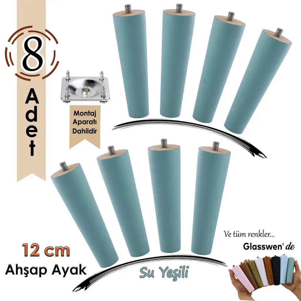 8 Adet Ahşap Ayak 12 Cm Su Yeşili M8 Civatalı Bağlantı Aparatlı Dolap Mobilya Koltuk Kanepe Destek Ayağı Ayakları
