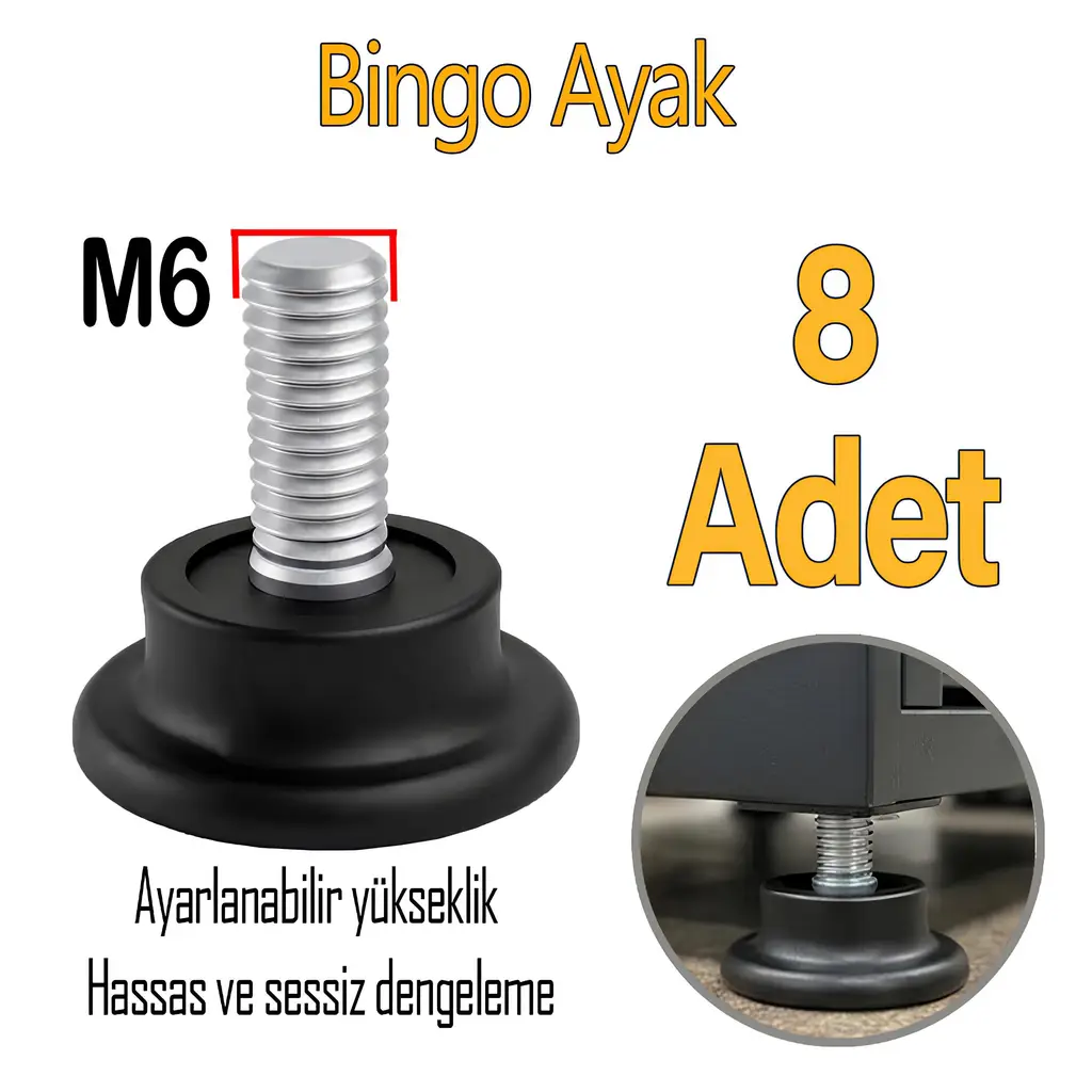 8 Adet Bingo Rotil Ayak Ayakları M6 Civatalı 6 Mm Siyah Profil Ayağı 2.5 Cm