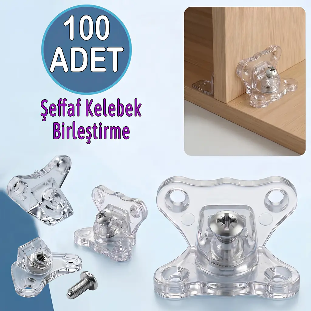 Açılı T Bağlantı Dereceli Çektirme Şeffaf Plastik Köşe Birleştirme Kelebek (100 Adet)