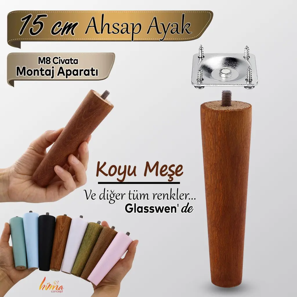 Ahşap Ayak 15 Cm Koyu Meşe M8 Civatalı Bağlantı Aparatlı Dolap Mobilya Koltuk Kanepe Destek Ayağı