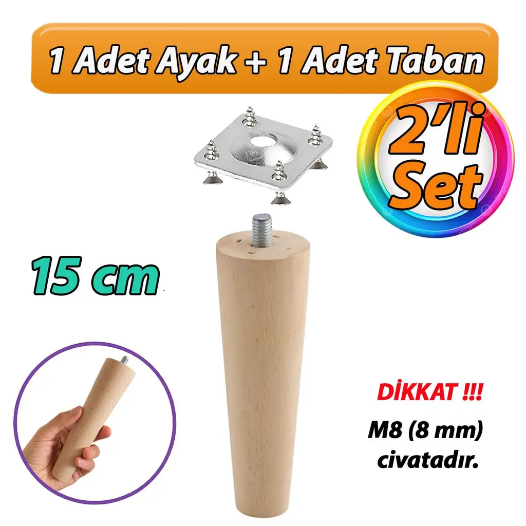 Ahşap Ayak 15 Cm M8 Civatalı Bağlantı Aparatlı Dolap Mobilya Koltuk Kanepe Destek Ayağı Ayakları
