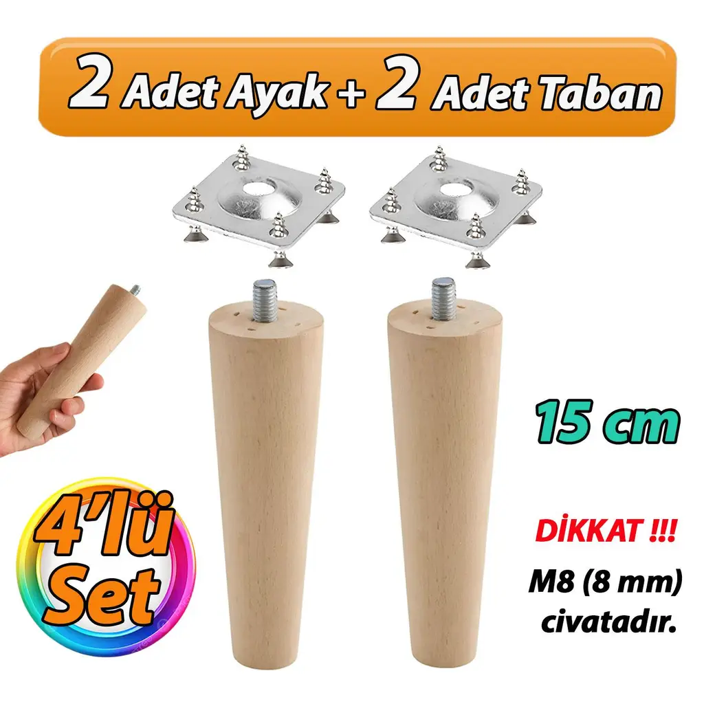 2 Adet Ahşap Ayak 15 Cm M8 Civatalı Bağlantı Aparatlı Dolap Mobilya Koltuk Kanepe Destek Ayağı Ayakları