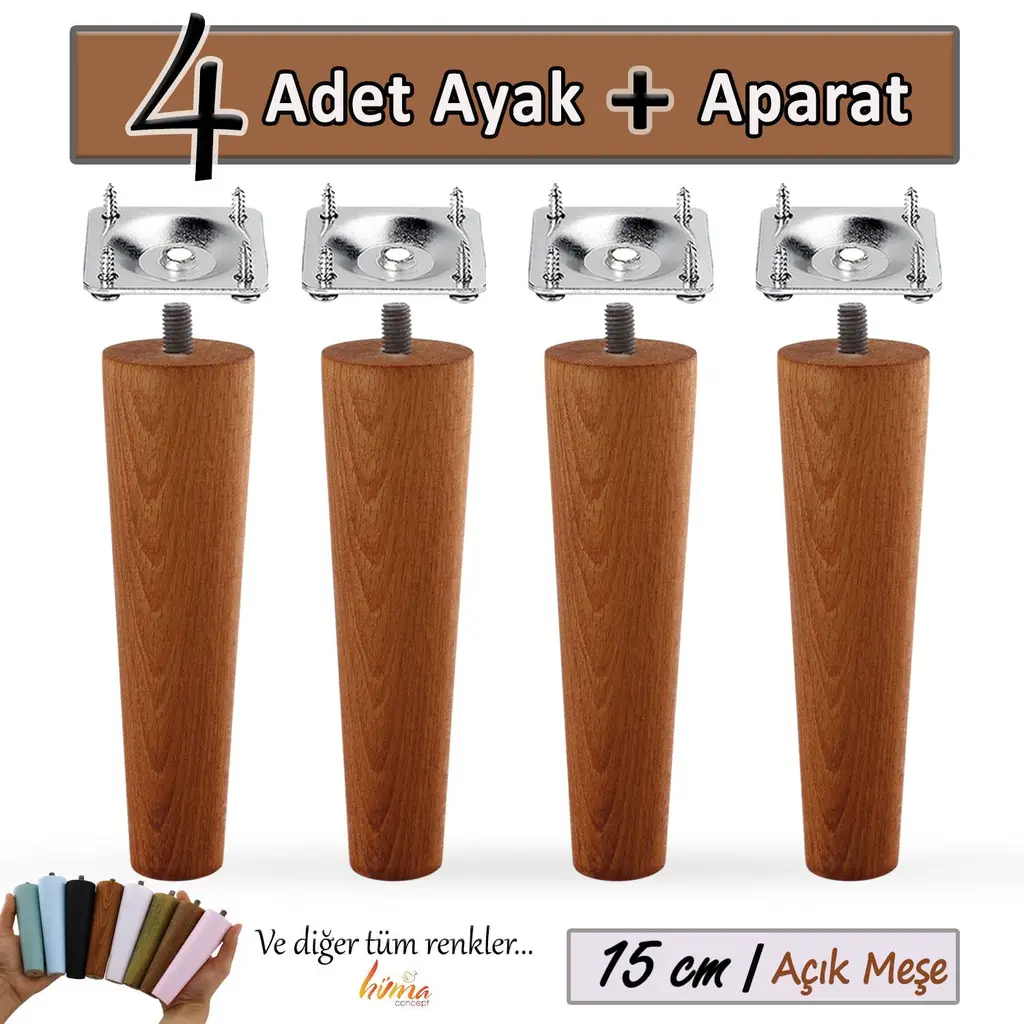 4 Adet Ahşap Ayak 15 Cm Açık Meşe M8 Civatalı Bağlantı Aparatlı Dolap Mobilya Koltuk Kanepe Destek Ayağı Ayakları