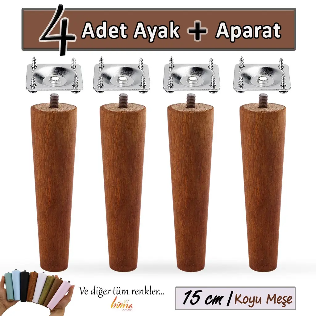 4 Adet Ahşap Ayak 15 Cm Koyu Meşe M8 Civatalı Bağlantı Aparatlı Dolap Mobilya Koltuk Kanepe Destek Ayağı Ayakları