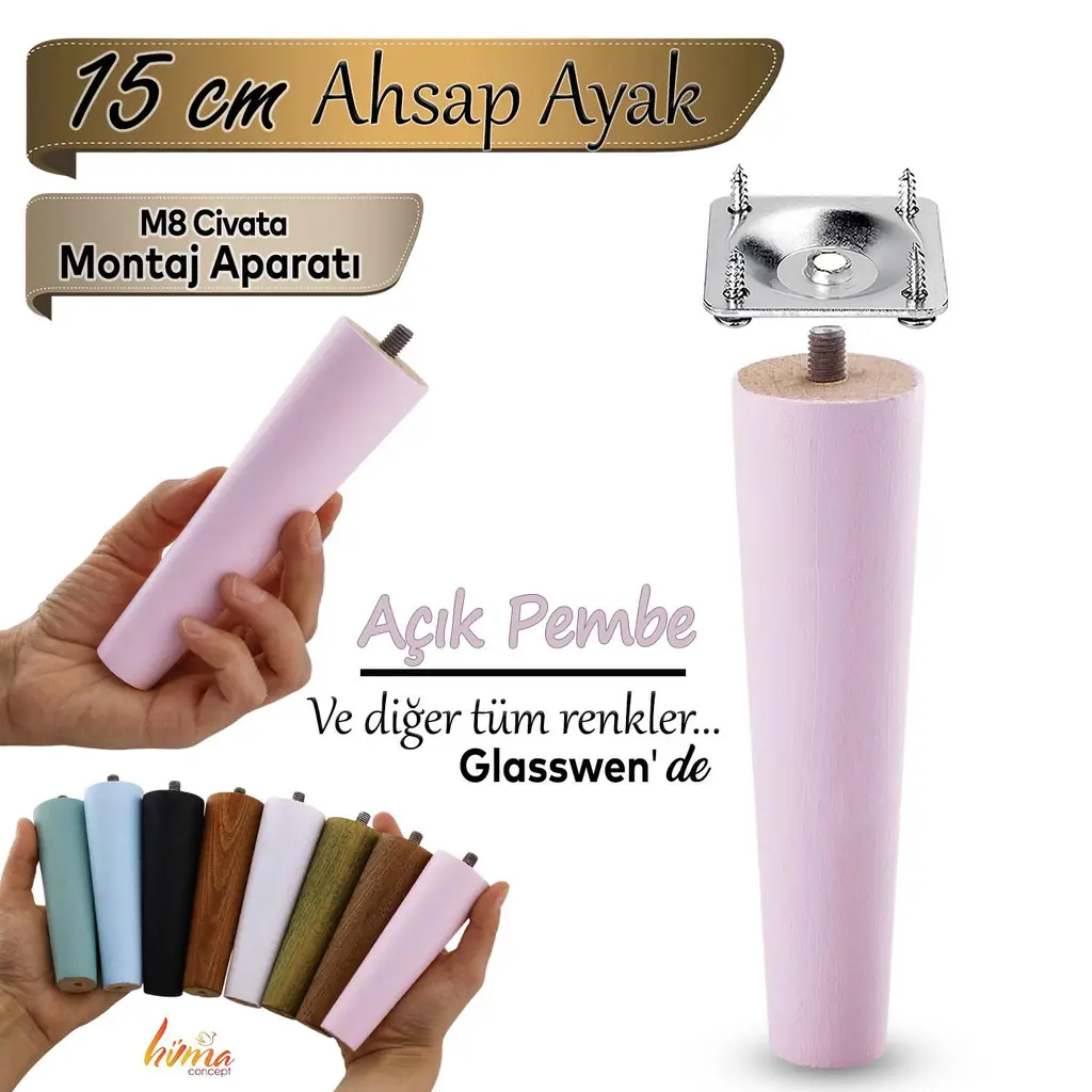 Ahşap Ayak 15 Cm Açık Pembe M8 Civatalı Bağlantı Aparatlı Dolap Mobilya Koltuk Kanepe Destek Ayağı Ayakları