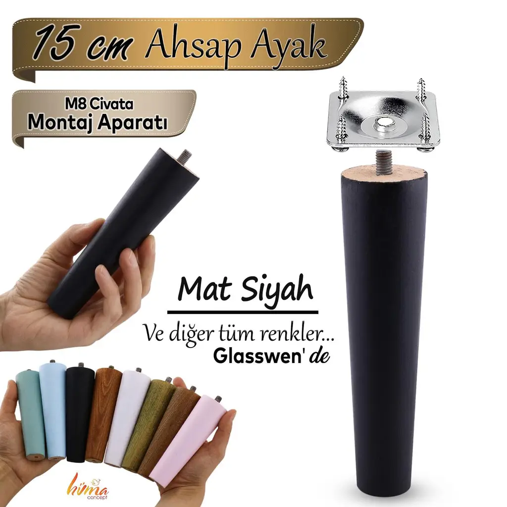 Ahşap Ayak 15 Cm Siyah M8 Civatalı Bağlantı Aparatlı Dolap Mobilya Koltuk Kanepe Destek Ayağı Ayakları
