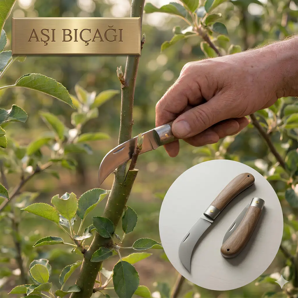 Aşı Bıçağı Eğri Uçlu Ara Çakı Bağ Bıçağı Paslanmaz Çelik Ahşap Saplı Katlanır Bıçak 21 cm