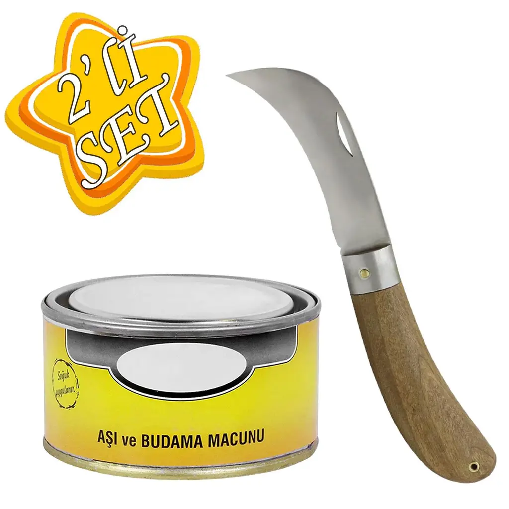 Aşı Bıçağı Eğri Uçlu Ara Çakı Bağ Bıçağı Paslanmaz Çelik + Aşı Macunu Metal Kutulu 250 Gr (2'Li SET)