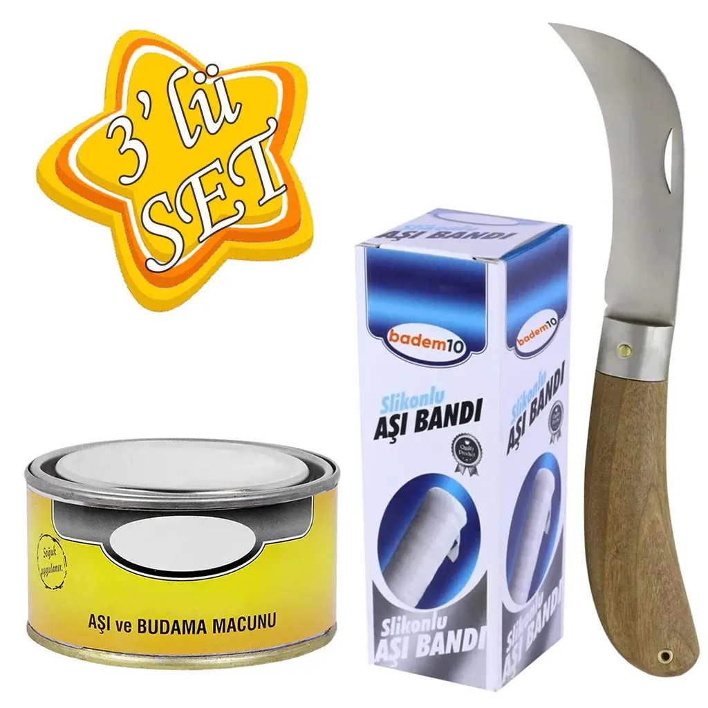 Aşı Bıçağı Eğri Uçlu Bağ Bıçağı Çakısı Paslanmaz Çelik + Aşı Bandı + Aşı Macunu (3'LÜ SET)