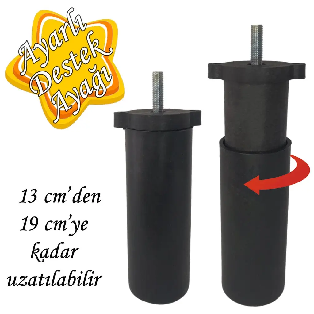 Ayarlı Destek Ayağı 13 x 19cm Siyah Gizli Ayak M8 Civatalı İncediş Mobilya Kanepe Baza Koltuk Dolap 