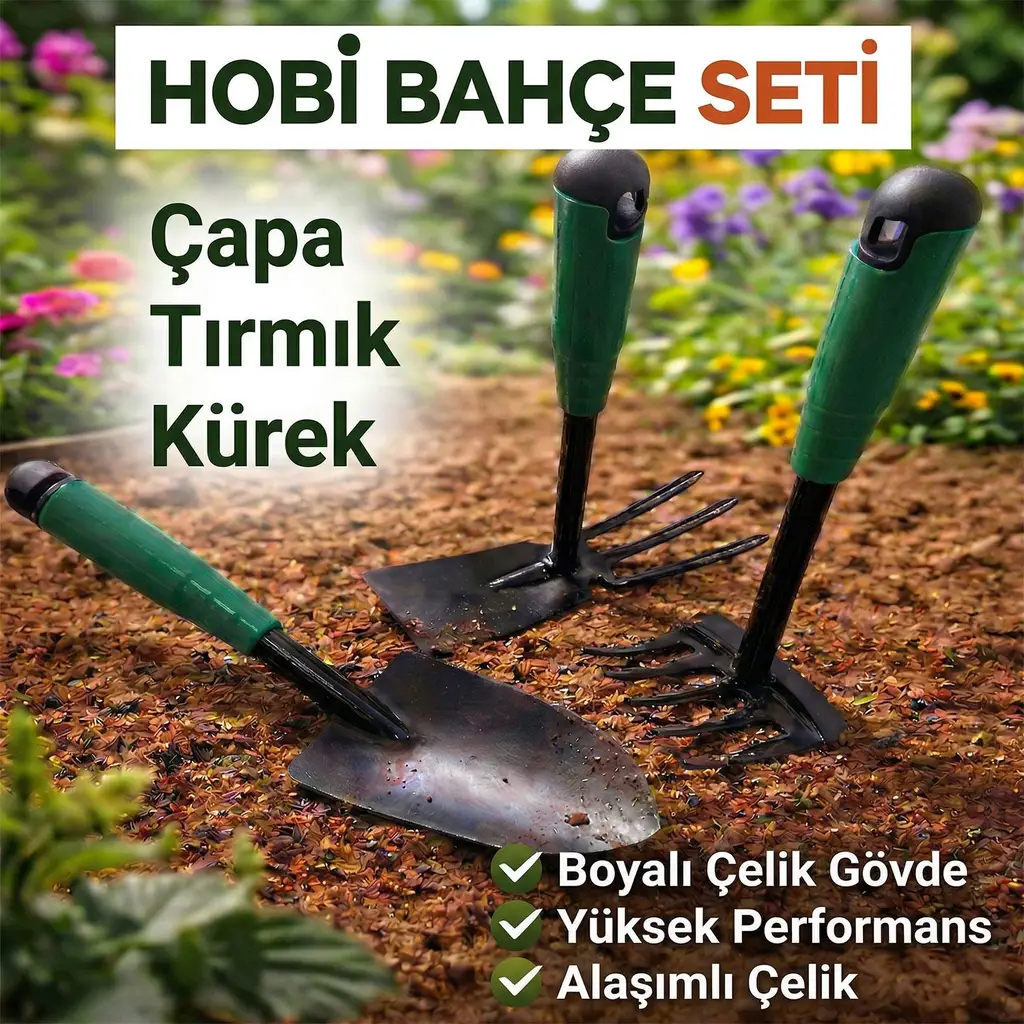 Çapa Tırmık Kürek 3’lü Set Metal Hobi Bahçe El Aletleri Saksı, Çiçek, Bitki ve Toprak Kazma Seti