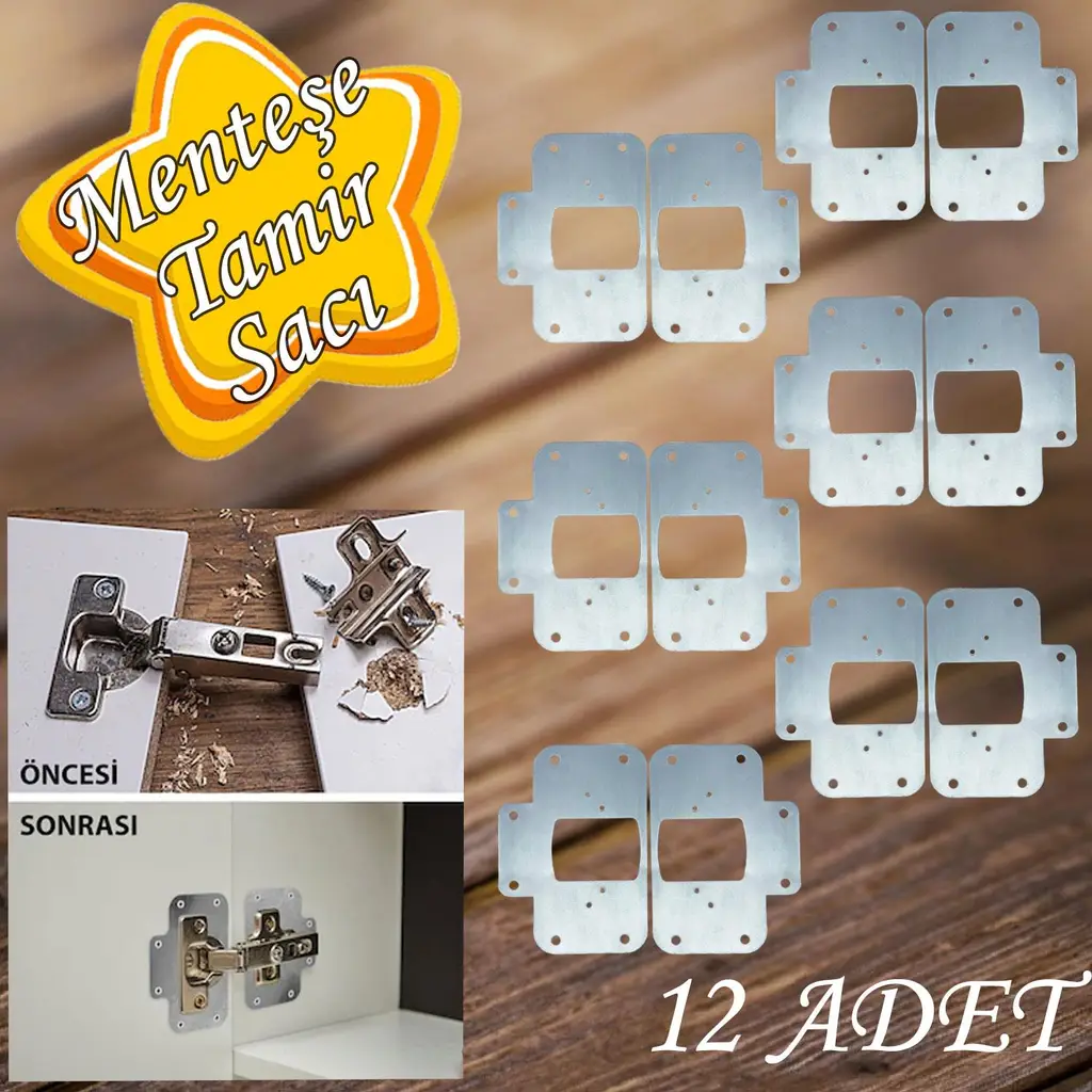 Dolap Kapak Taş Menteşe Tamir Sacı Pratik Onarım Kiti Krom Metal Yuva Tablası 6.5 x 9 cm (12 ADET)
