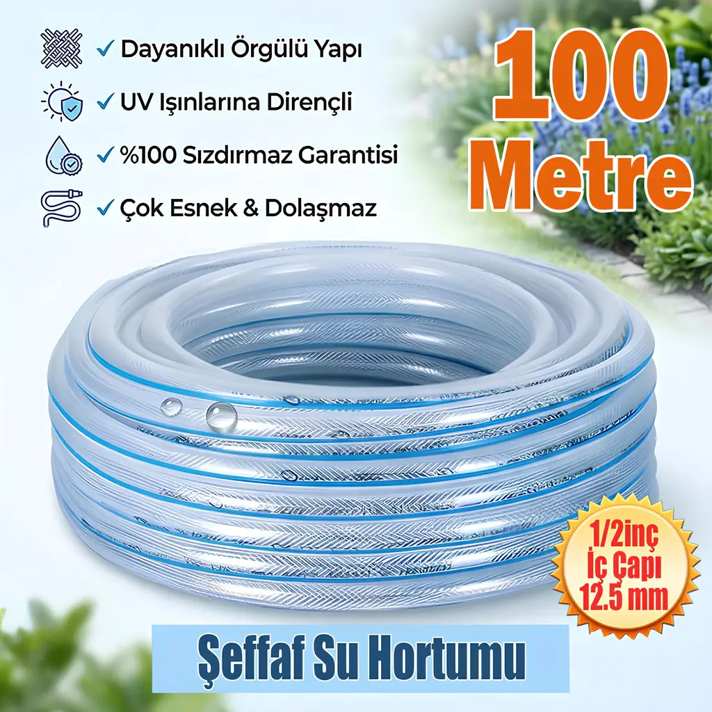 Örgülü Şeffaf Bahçe Hortumu 100 Metre Dayanıklı 3 Katlı Sağlam Çeşme Su Sulama Yıkama Hortum 12.5 mm 1/2"
