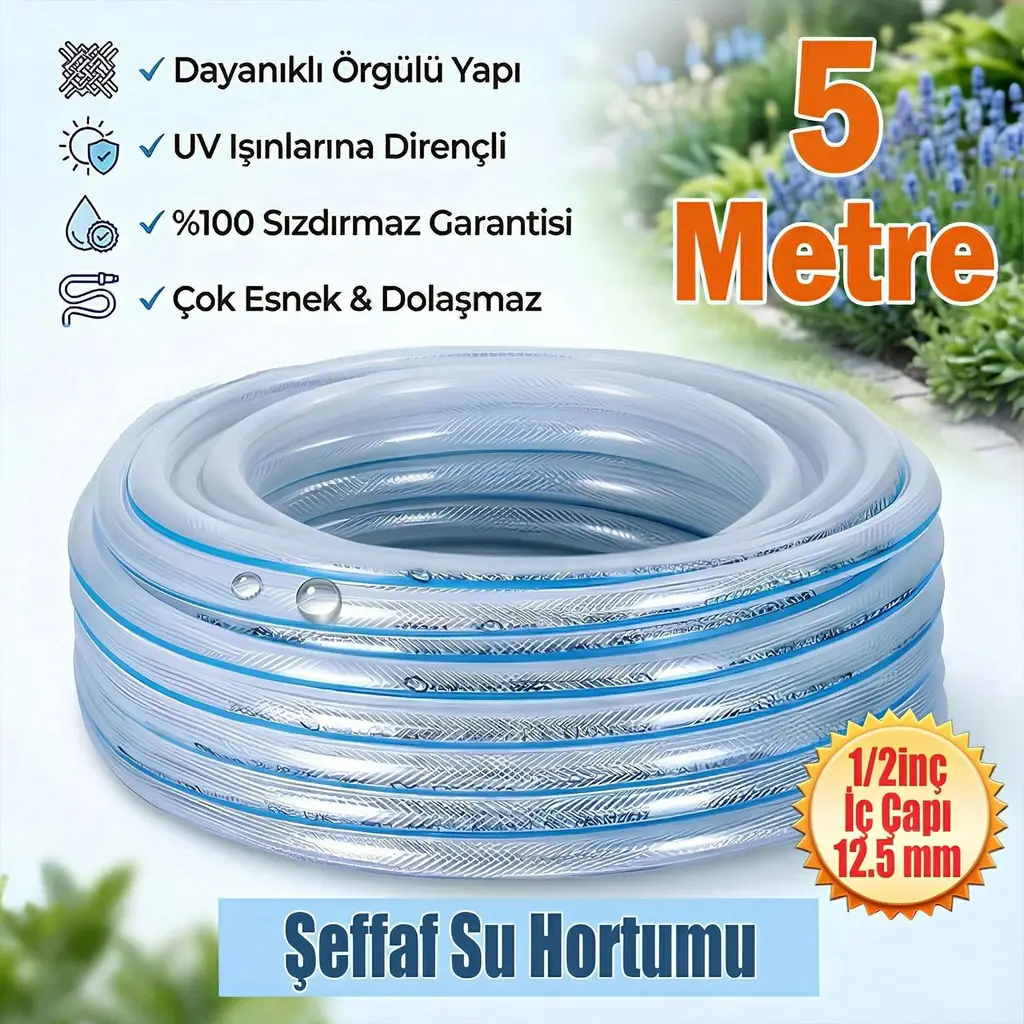 Örgülü Şeffaf Bahçe Hortumu 5 Metre Dayanıklı 3 Katlı Sağlam Çeşme Su Sulama Yıkama Hortum 12.5 mm 1/2"