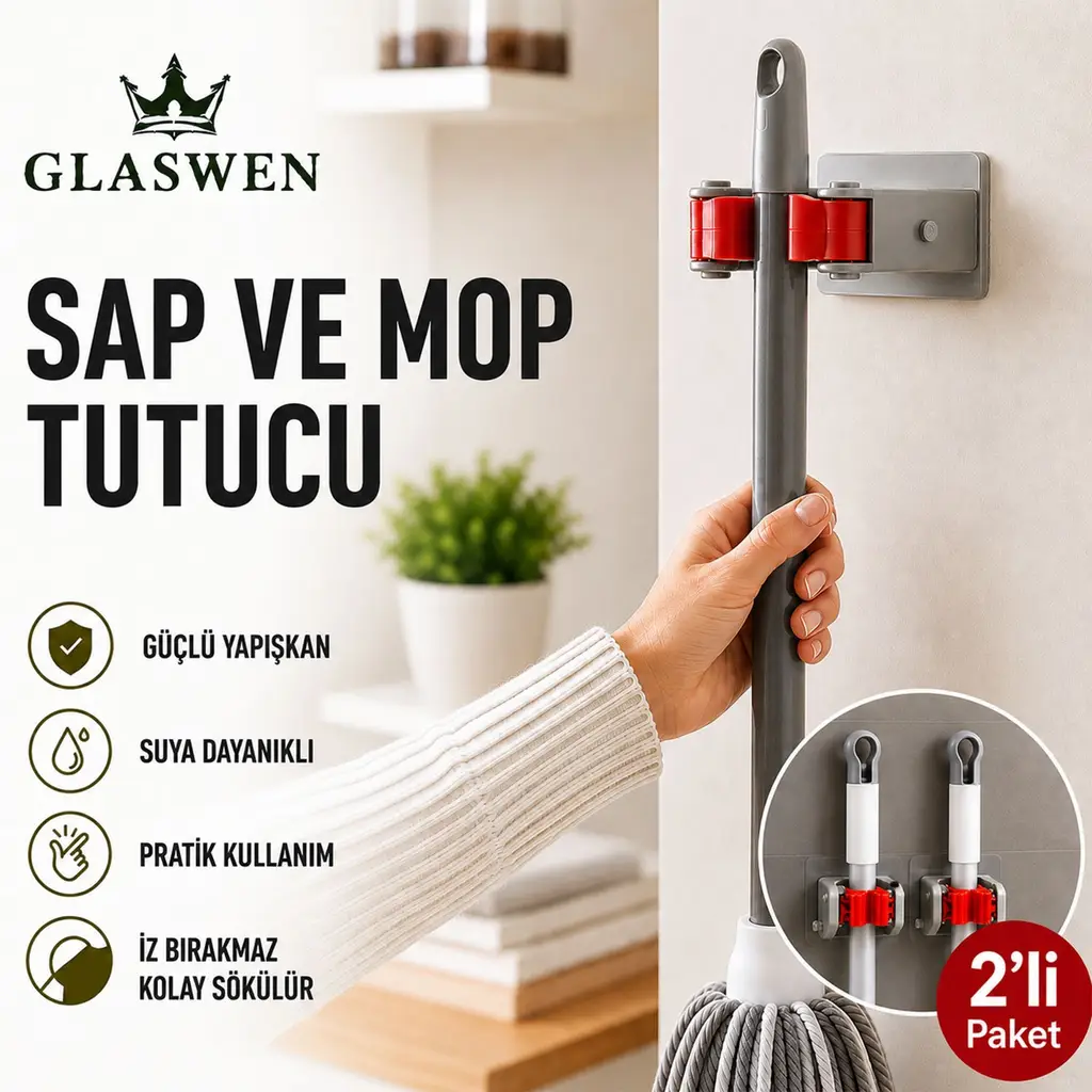 2 Adet Paspas Süpürge Fırça Ve Mop Askısı Sap Tutucu Mutfak Banyo Askı Yapışkanlı Düzenleyici Askılık
