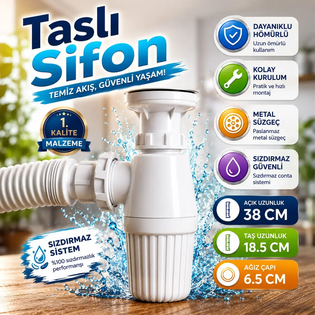 Pis Su Gidersiz Sökülebilir Tas'lı Tek Gider Sifon Körüklü Temizlenebilir Mutfak Banyo Lavabo Boru