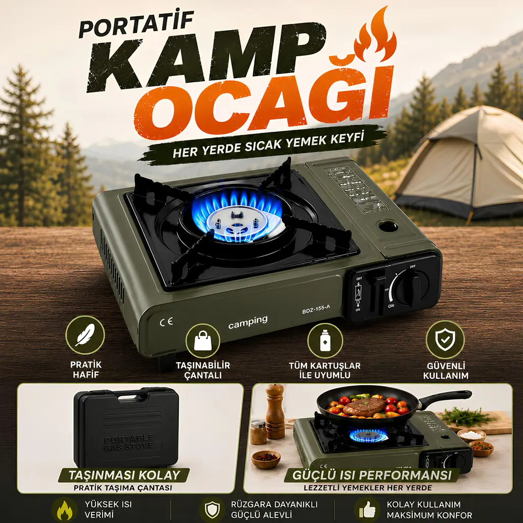 Portatif Kamp Ocağı Kartuşlu Tekli Ocak Piknik Kamp ve Karavan İçin Taşınabilir