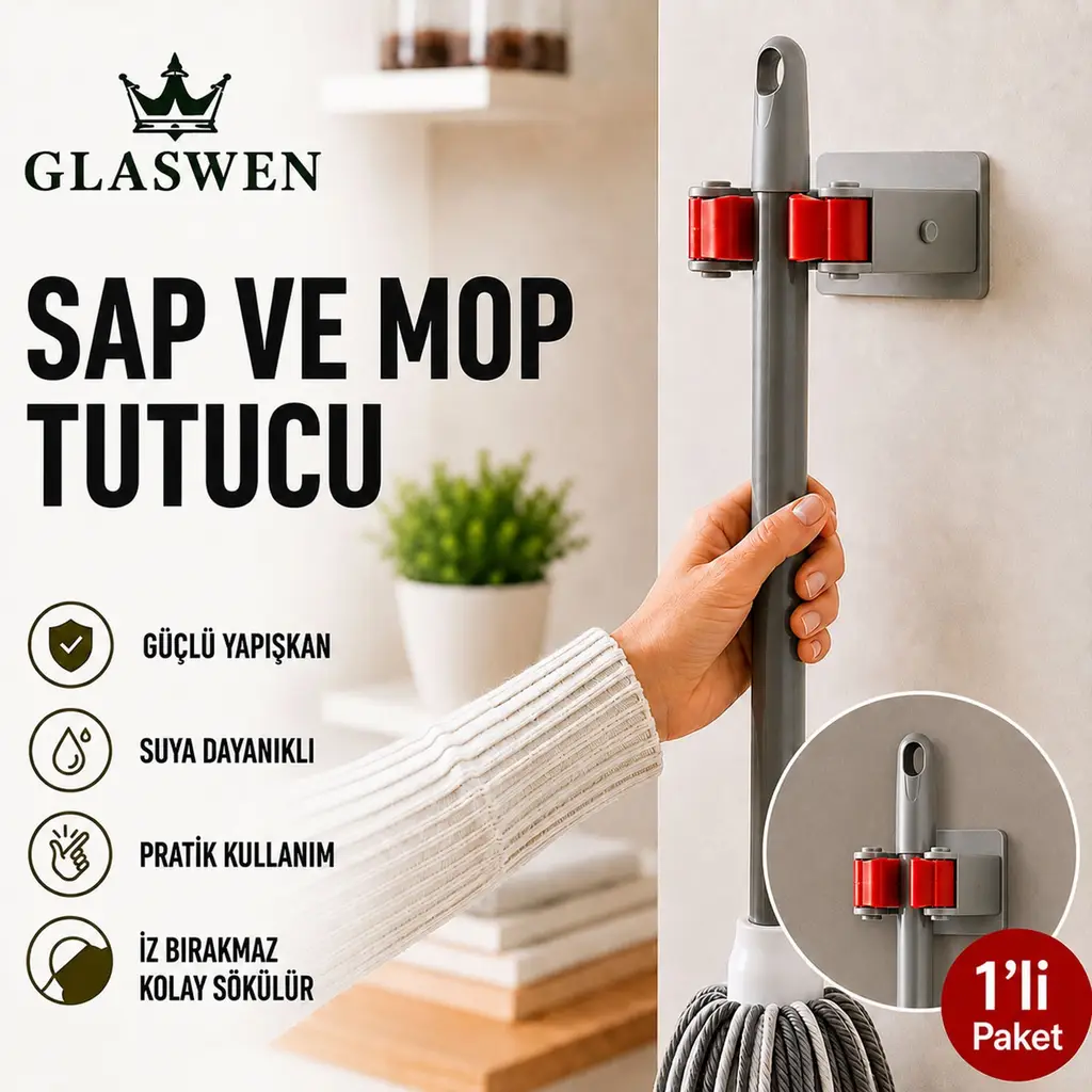 Paspas Süpürge Fırça Ve Mop Askısı Sap Tutucu Mutfak Banyo Askı Yapışkanlı Düzenleyici Askılık