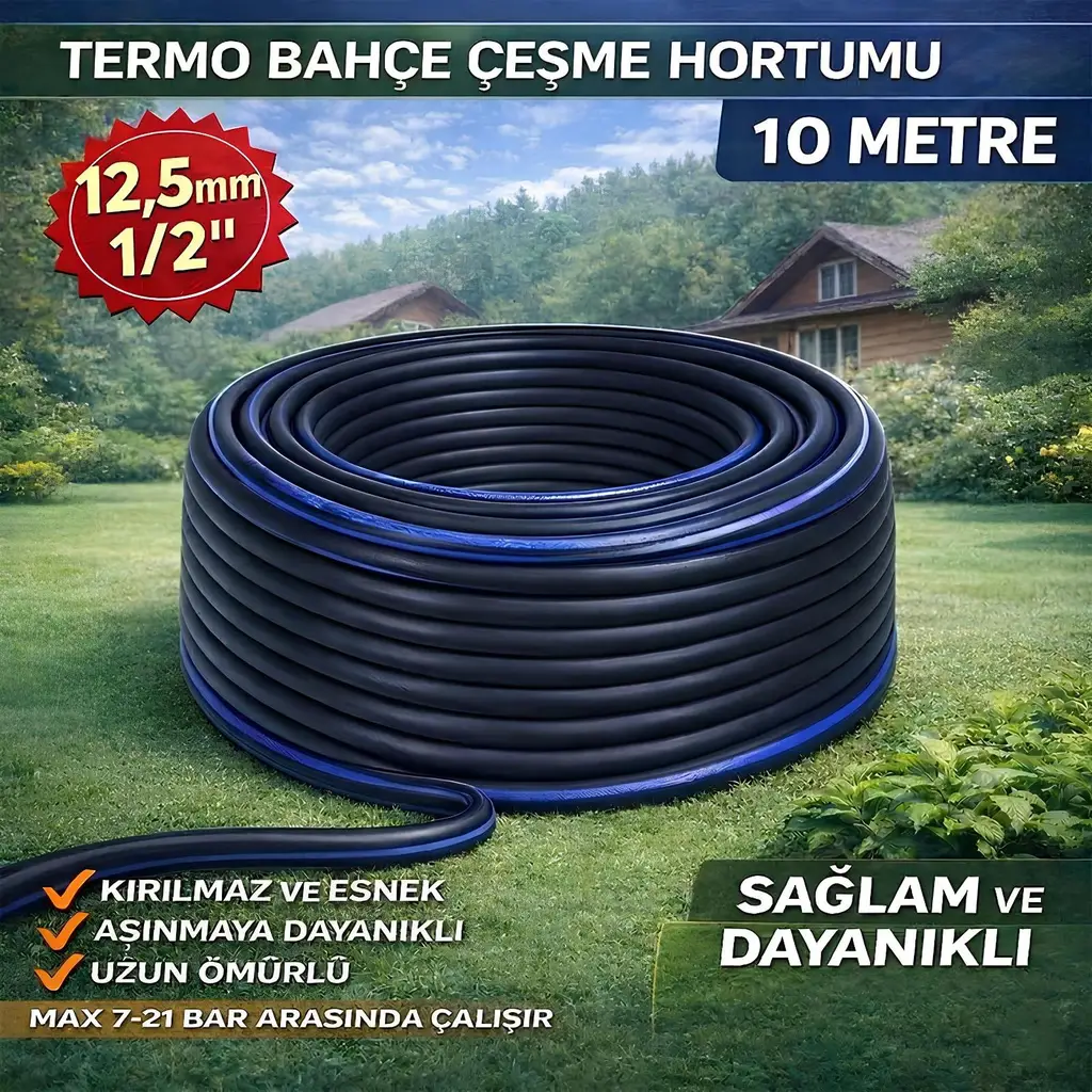Termo Kauçuklu Bahçe Hortumu 10 Metre Dayanıklı 3 Katlı Sağlam Su Sulama Yıkama Hortum 12.5 mm 1/2"