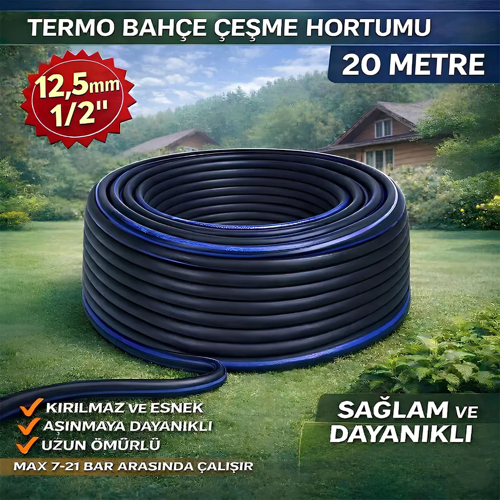 Termo Kauçuklu Bahçe Hortumu 20 Metre Dayanıklı 3 Katlı Sağlam Su Sulama Yıkama Hortum 12.5 mm 1/2"