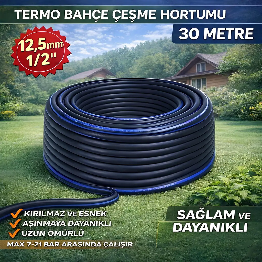 Termo Kauçuklu Bahçe Hortumu 30 Metre Dayanıklı 3 Katlı Sağlam Su Sulama Yıkama Hortum 12.5 mm 1/2"
