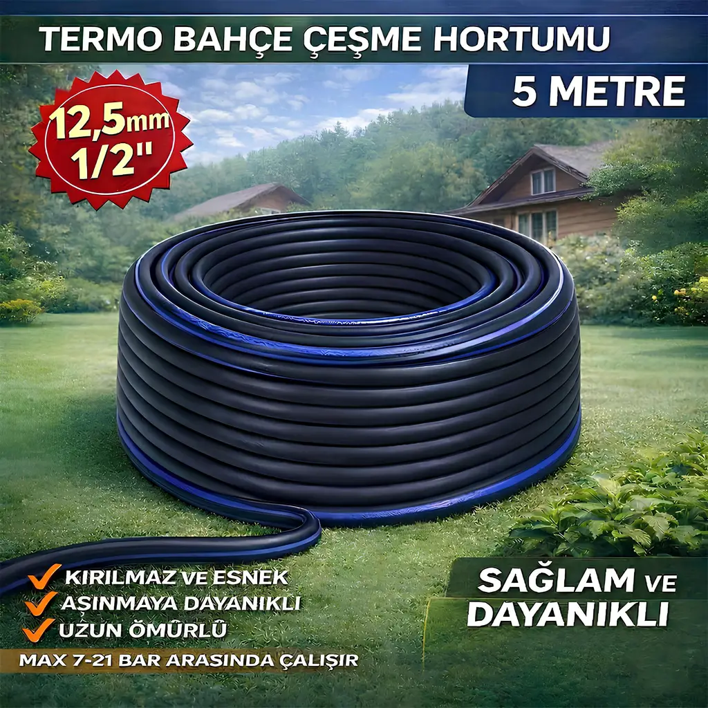 Termo Kauçuklu Bahçe Hortumu 5 Metre Dayanıklı 3 Katlı Sağlam Su Sulama Yıkama Hortum 12.5 mm 1/2"